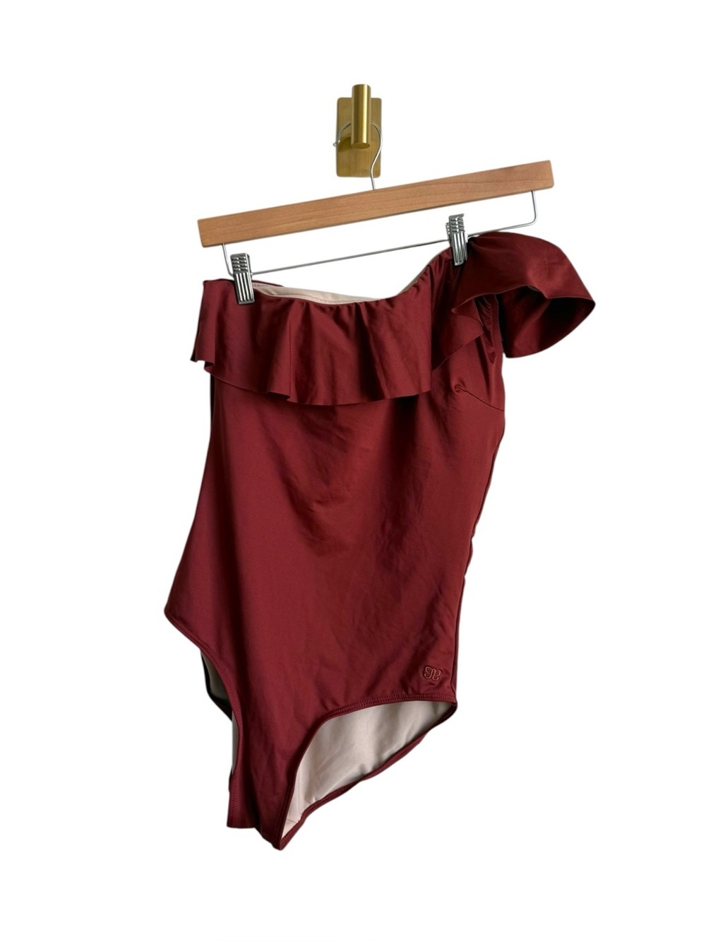 Albion One Shoulder Ruffle One Piece Swimsuit Maroon Burgundy Size Medium